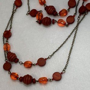 Orange and Rust Beaded Chain Necklace – 62”